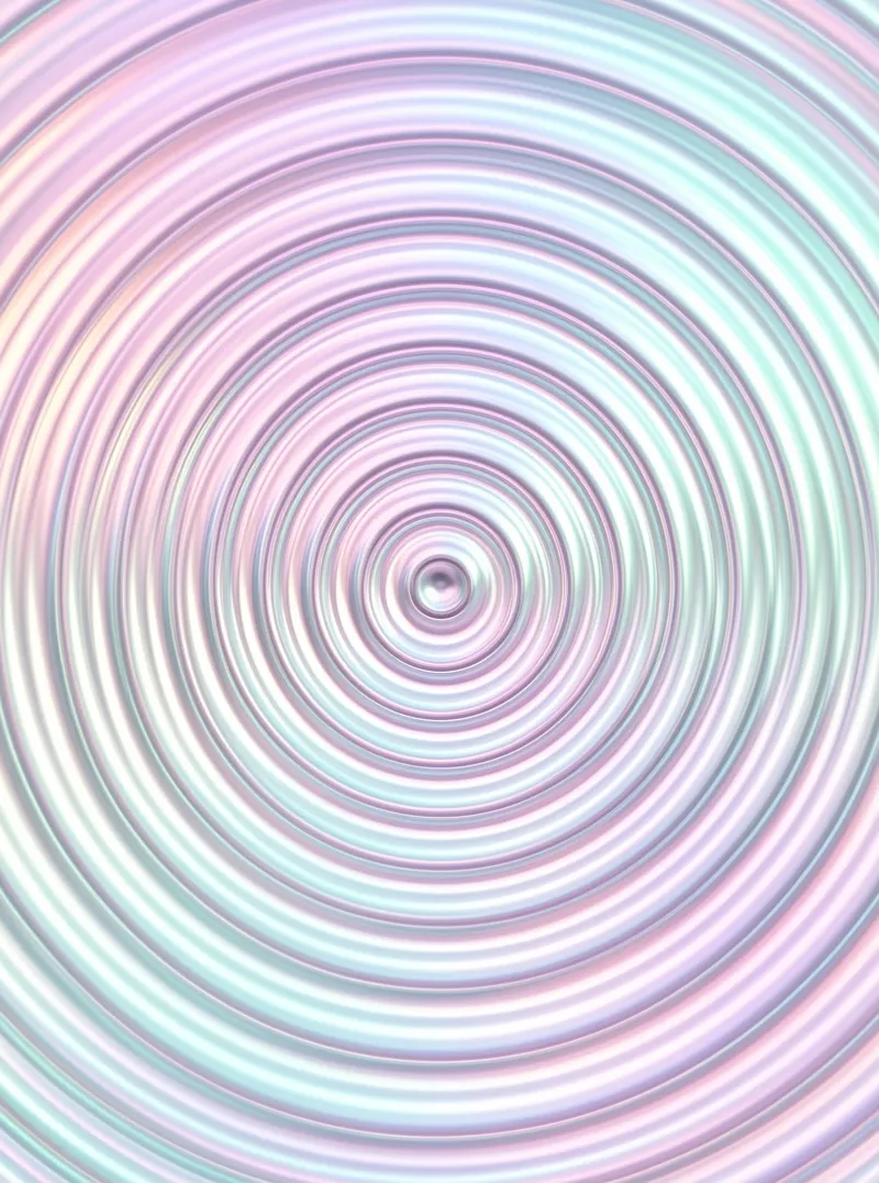 Glossy concentric ripples radiate from a center in soft pastel shades of pink, lavender and mint in an abstract pattern.