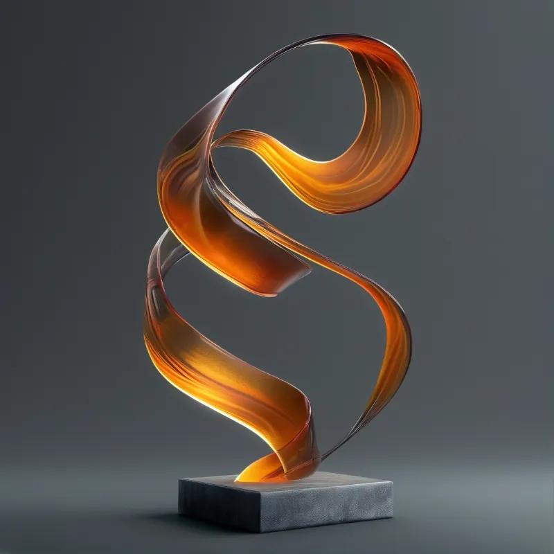 A translucent orange ribbon twists upwards from a dark square pedestal under studio lighting.