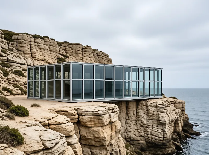 A modern glass-walled structure cantilevered over layered sandstone cliffs beside a calm gray sea