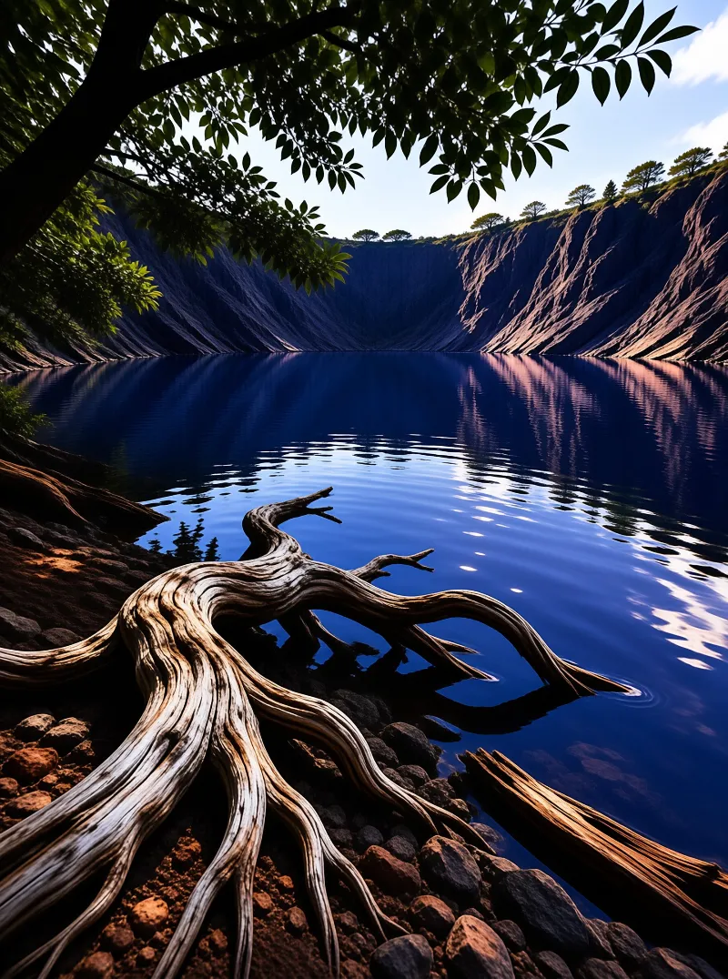 Driftwood by a Crater Lake