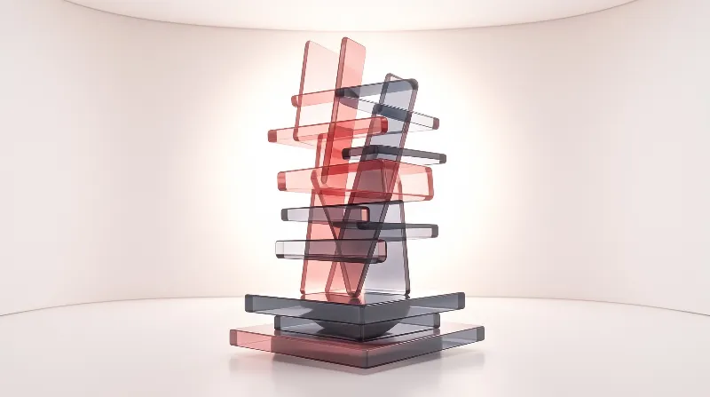 Stacked translucent red and blue acrylic panels form an abstract sculpture in a bright white studio.