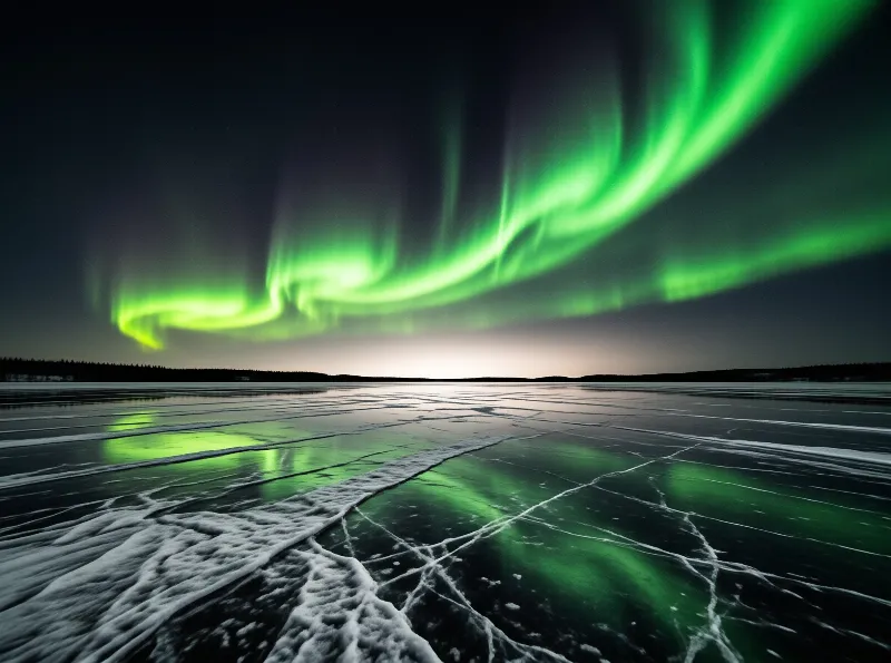 Green northern lights swirl in the night sky and reflect onto the cracked surface of a frozen lake.