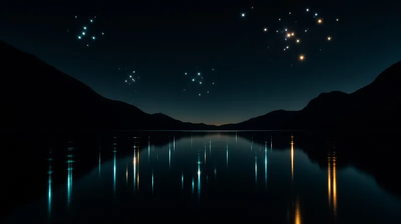Bright constellations scatter across a dark night sky and trail long reflections on a still mountain lake.