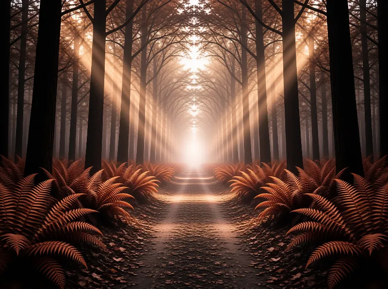 A straight dirt path winds through a forest of tall bare trees and ferns as bright sunbeams cut through the mist.