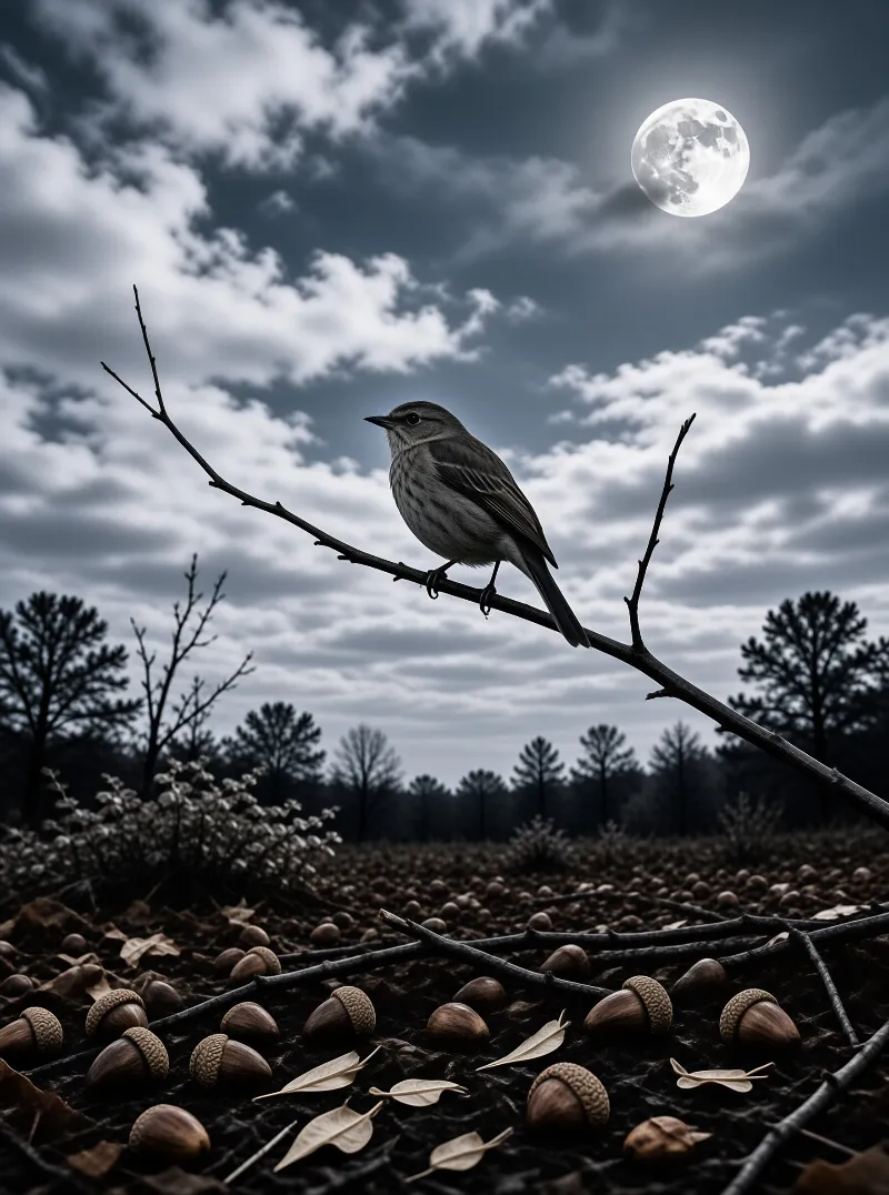 A small bird sits on a bare branch as a bright moon illuminates a dark forest floor covered in fallen acorns.