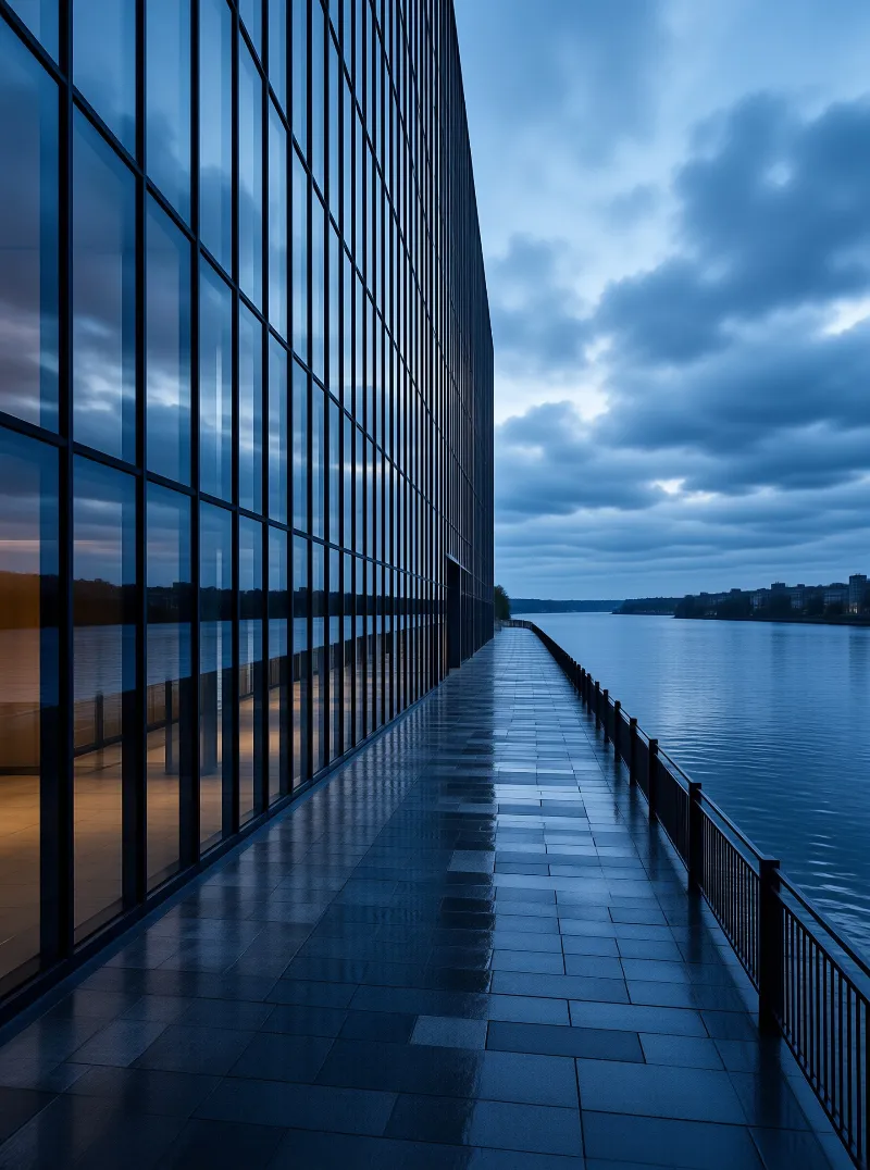 A wet paved path runs alongside a tall reflective glass building facing a calm river under a cloudy twilight sky.