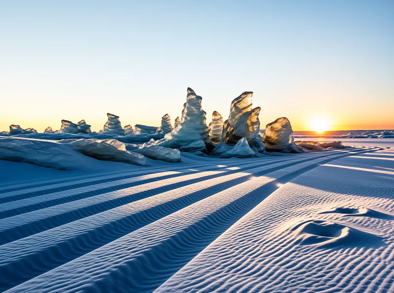 Crystal ice spires stand against a bright horizon while warm sunlight illuminates the textured blue snow ripples below.
