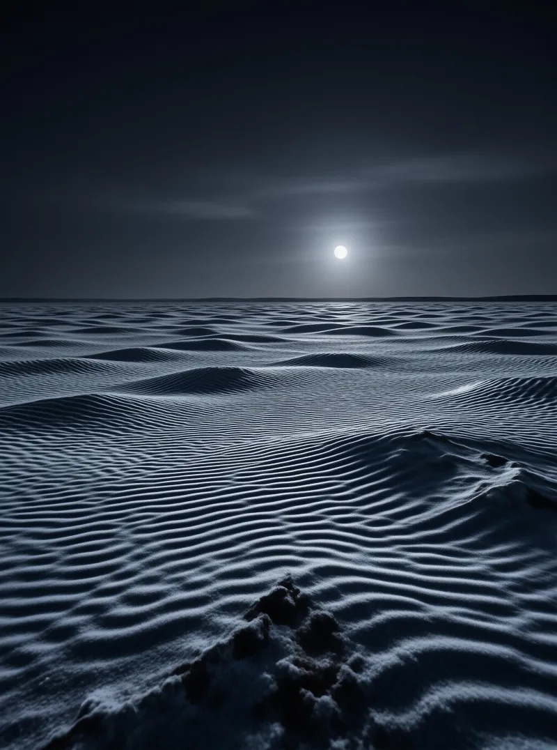 Rippled desert sands stretch toward a bright moon low on the dark horizon creating long shadows.