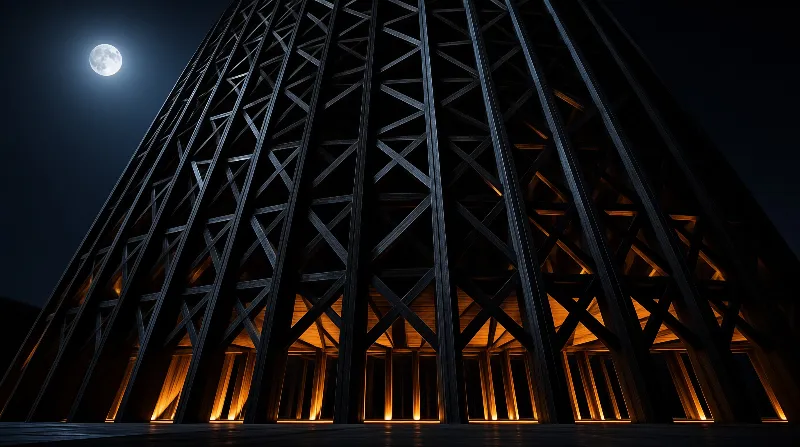 Massive geometric framework at night with warm interior lighting and a full moon in the dark sky.