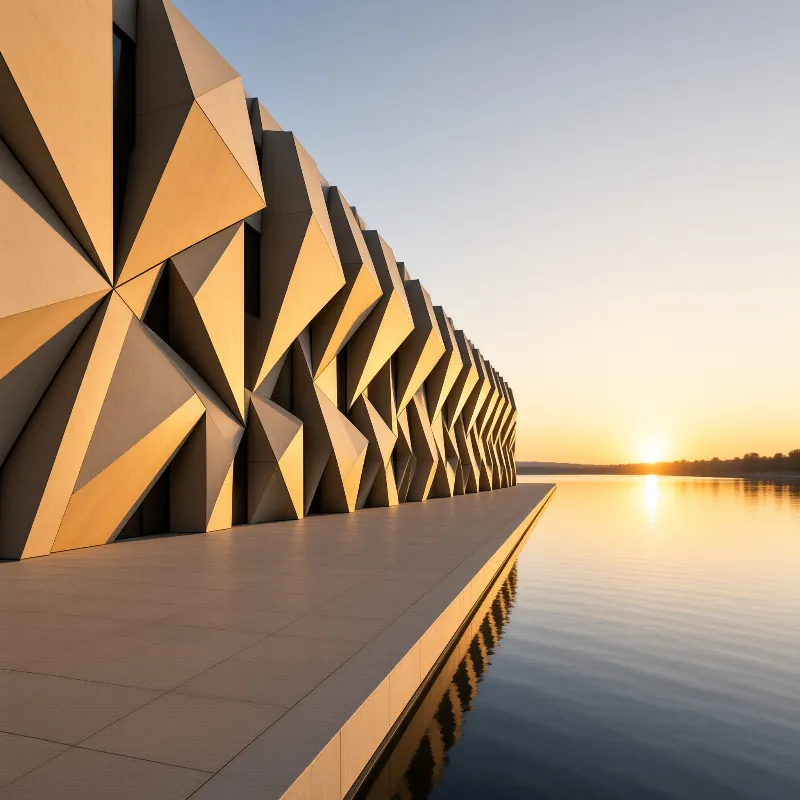 An angular geometric wall repeats beside calm water as the low sun casts golden reflections
