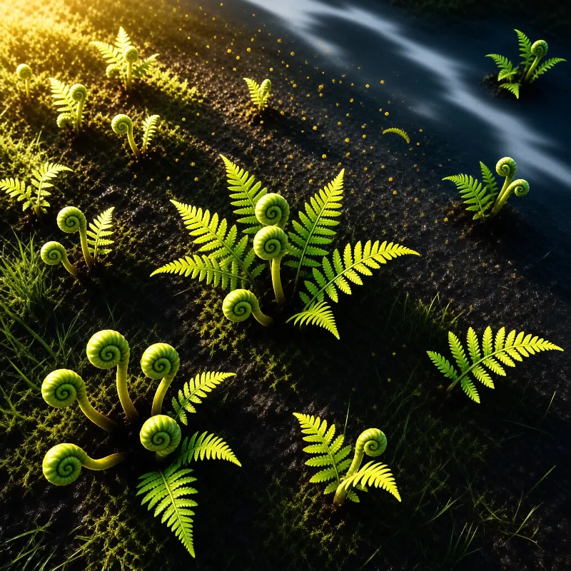 Clusters of bright green fern fiddleheads and unfurled leaves sprout from dark earth under strong sunlight.