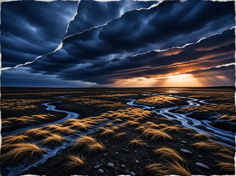 A winding stream flows across a dark, grassy terrain under a dramatic sky filled with heavy clouds and bright orange sunset rays breaking through the horizon.