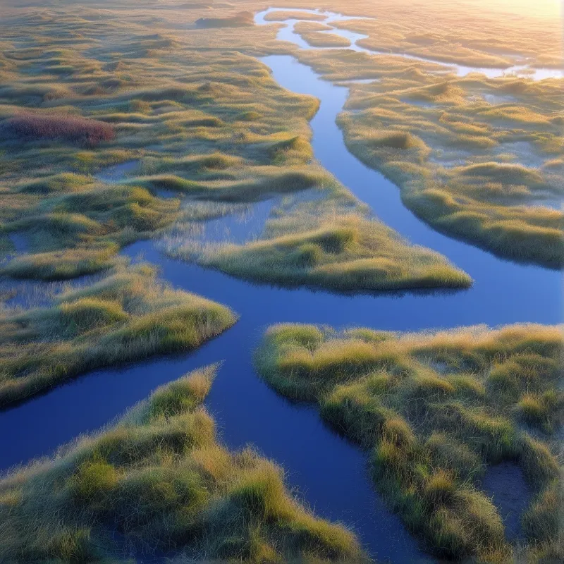 Aerial view of a river winding through a salt marsh with golden grass under warm light.