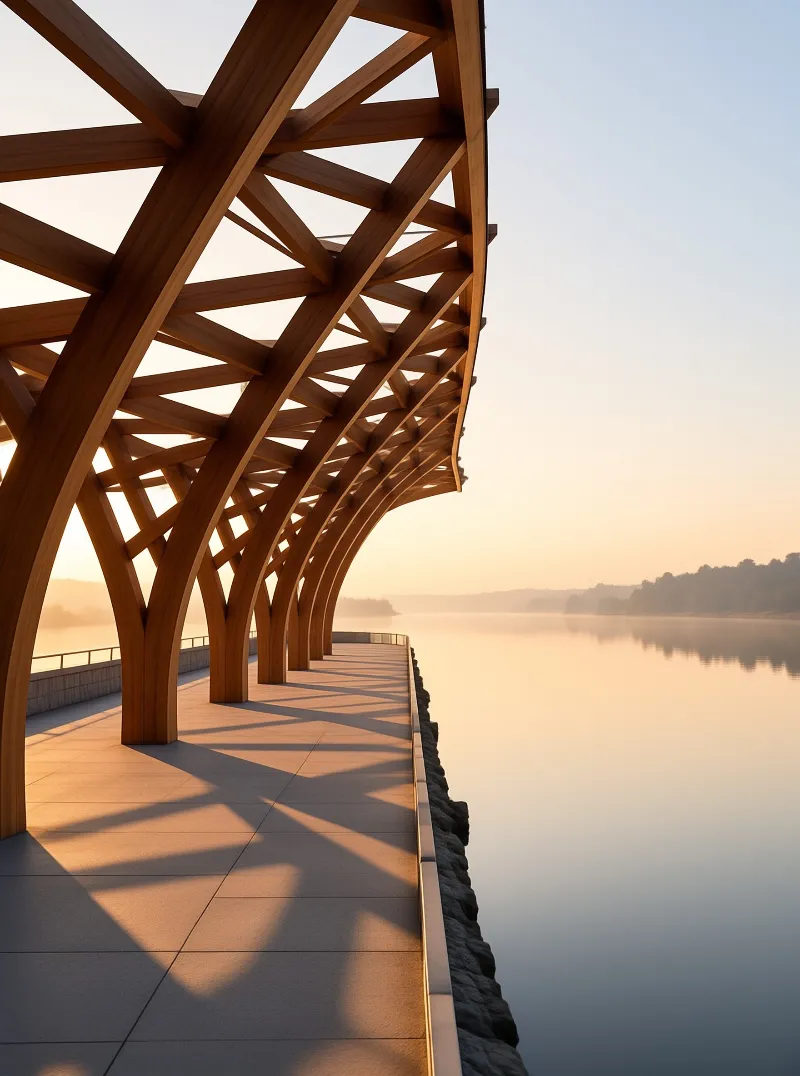 Intricate wooden beams curve over a waterside path casting geometric shadows in warm morning light.