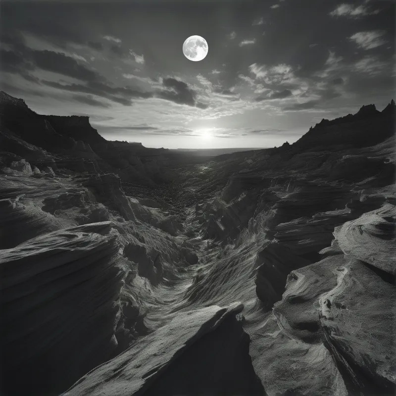 A vast eroded canyon landscape stretches beneath a cloudy sky containing a bright full moon and a low sun.
