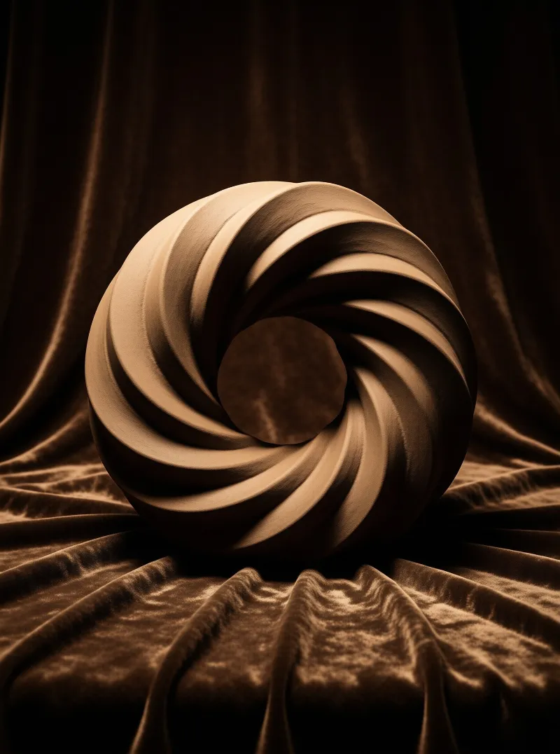 A carved beige orb with spiral grooves rests on rumpled brown velvet lit in warm sepia tones