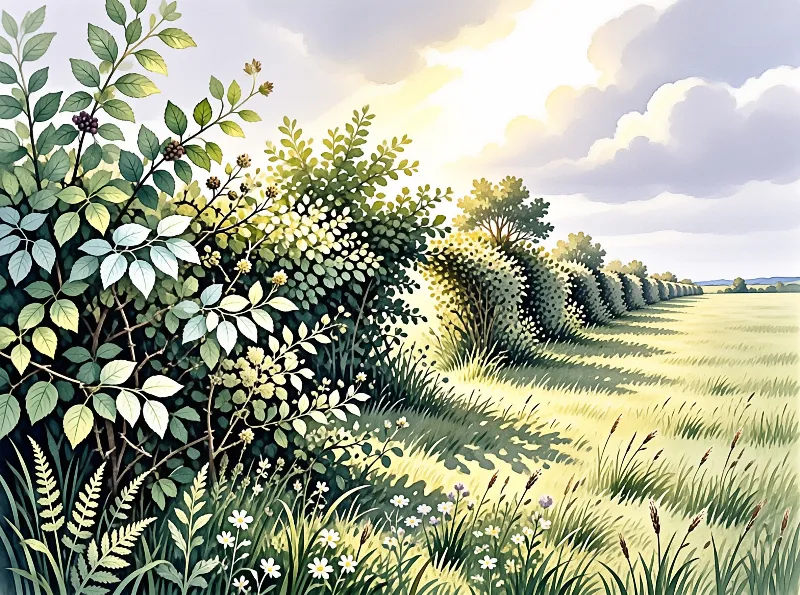 Lush hedge borders a sunlit meadow with wildflowers and tall grasses beneath a partly cloudy sky