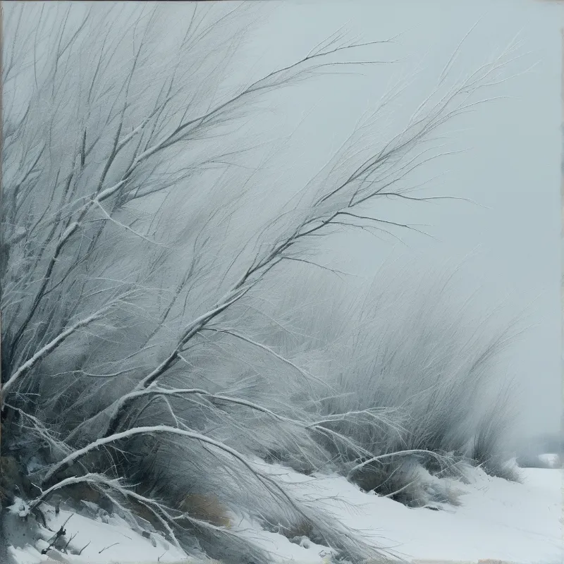 Thin tree branches and grasses coated in white frost bend across a foggy winter scene with soft diffuse gray lighting.