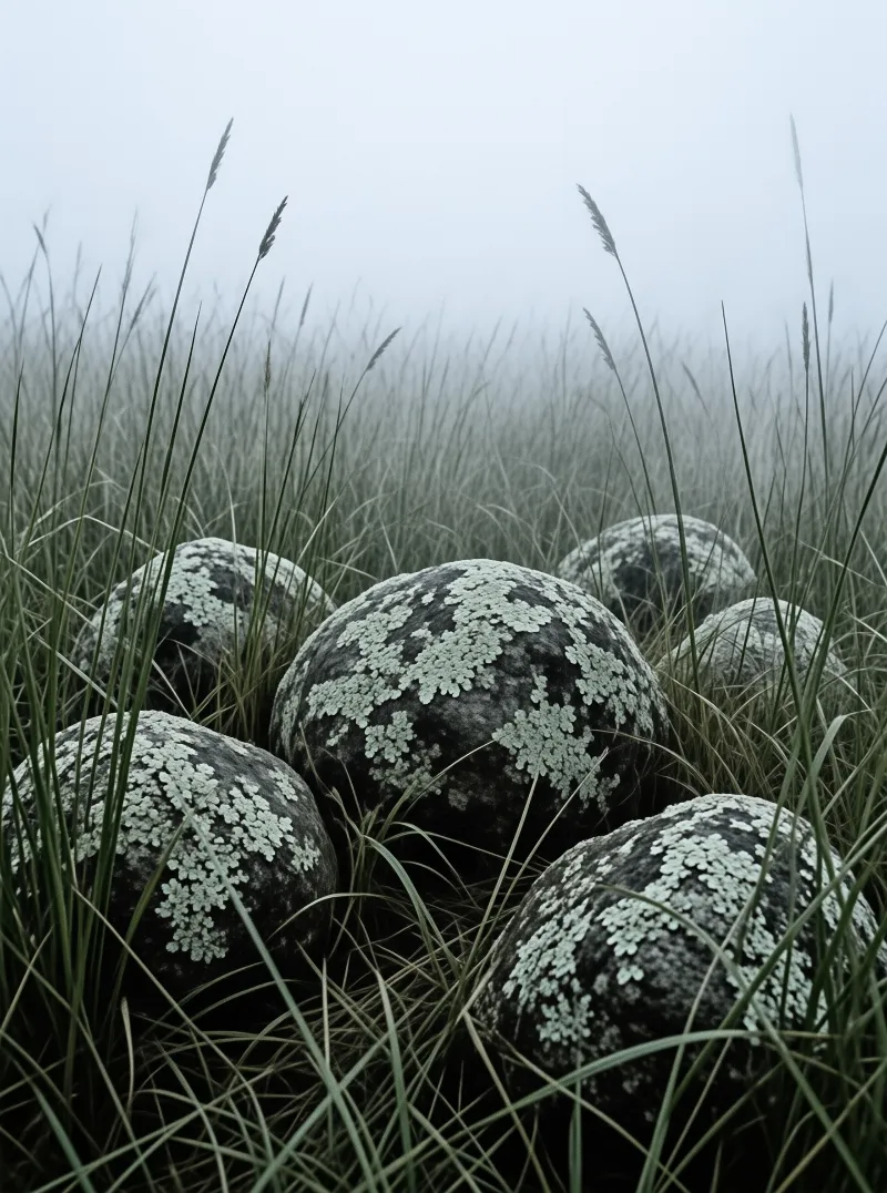Several dark rocks covered in pale lichen sit among tall green grass under a thick foggy sky.