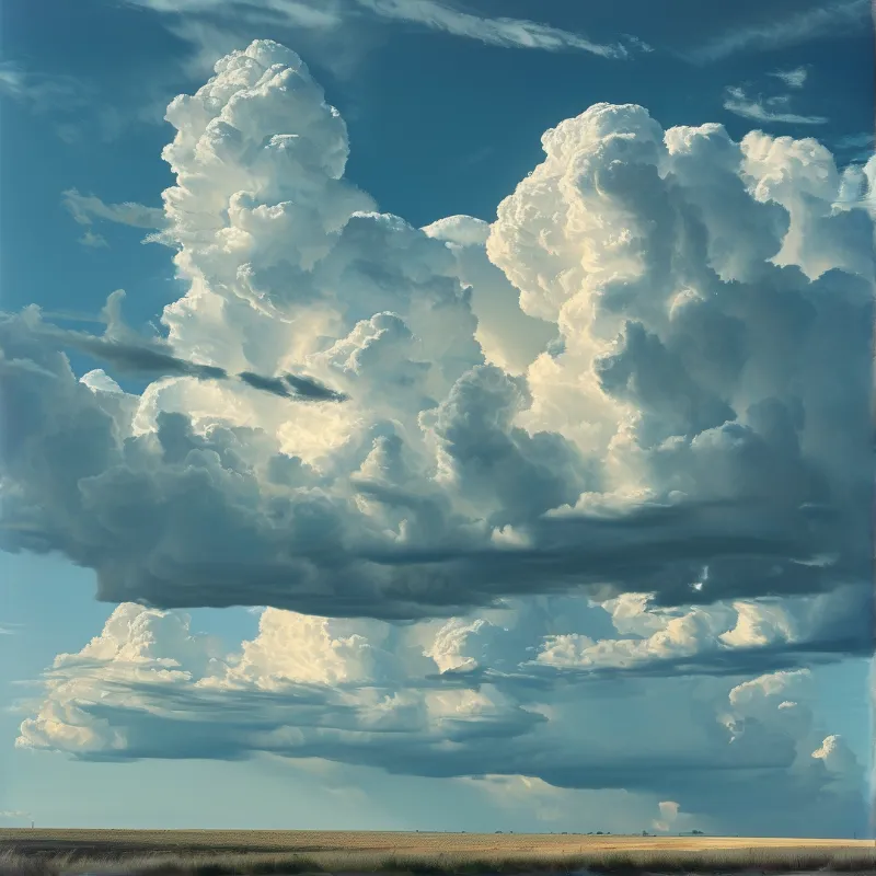 Huge billowing cumulus clouds tower over a thin strip of golden farmland beneath a wide open sky.