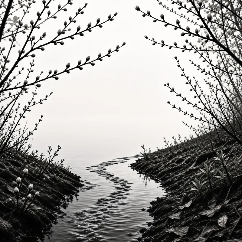 Black and white photo of a narrow stream flowing between dark banks under budding branches.