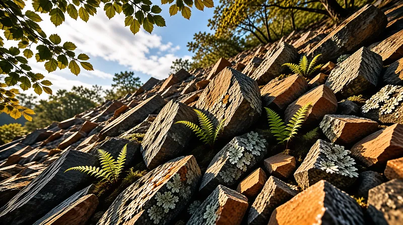 A rugged stone wall covered in moss and ferns bathed in golden sunlight with trees and blue sky above
