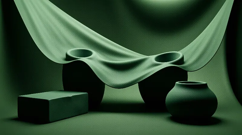 Green geometric objects sit on a surface with a smooth sheet draped over two large vases in soft monochromatic light.