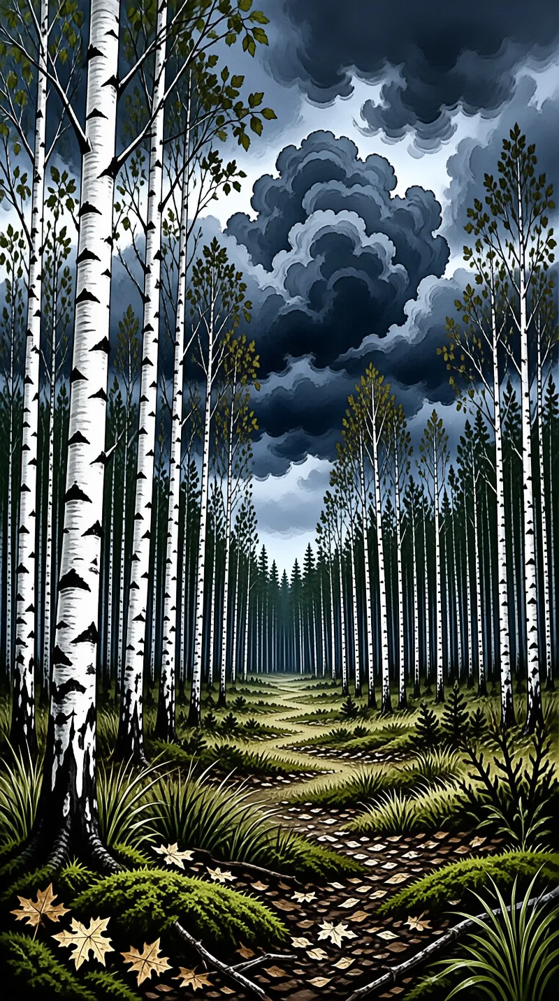 A winding dirt path leads through a dense stand of white birch trees under a sky filled with dark dramatic storm clouds.