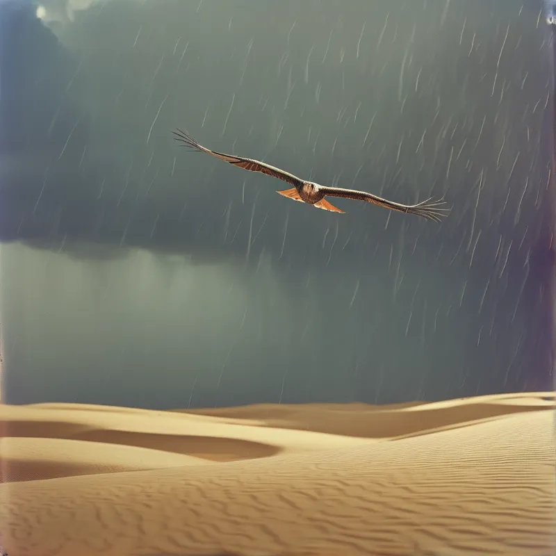 An avian creature flies wide-winged over golden sand dunes beneath heavy gray clouds with visible falling rain streaks.