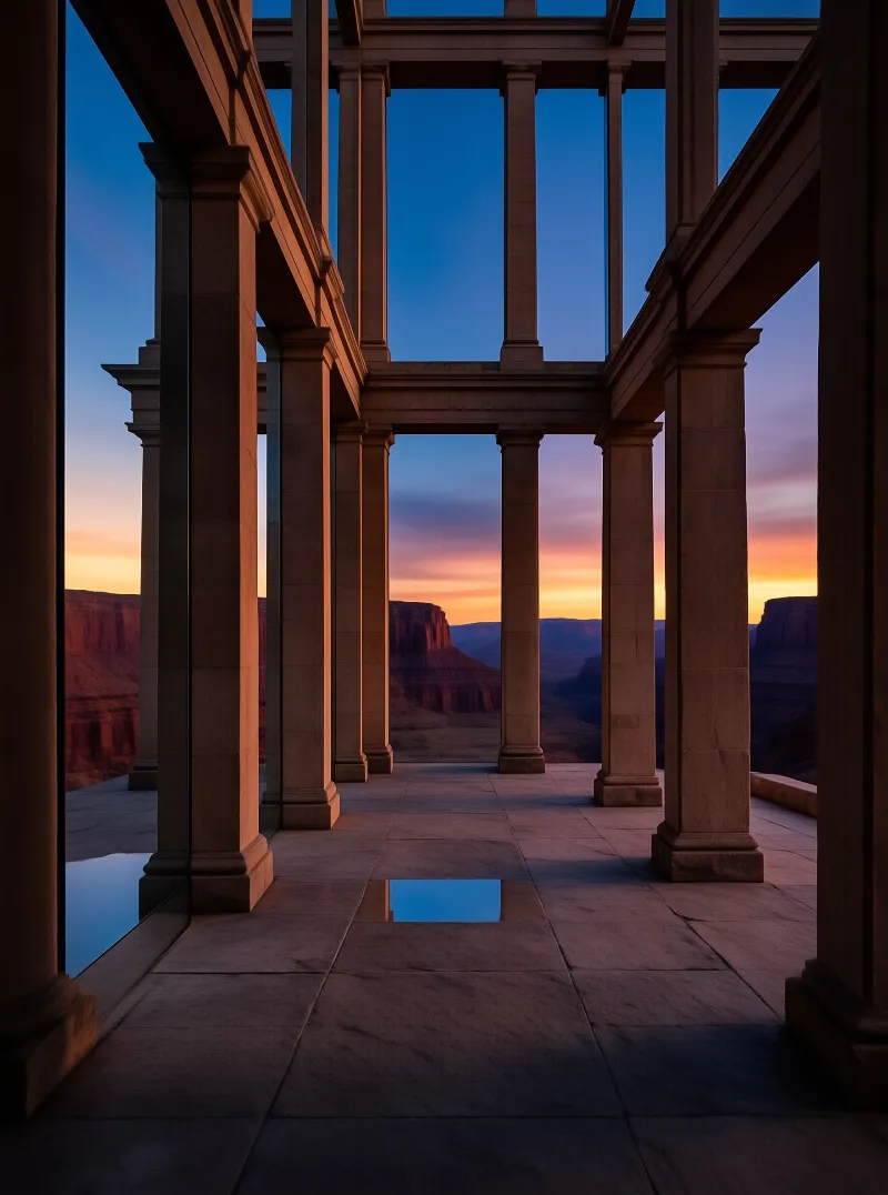 Rows of tall stone piers open onto layered mesas glowing orange and violet at dusk above a still reflecting pool.