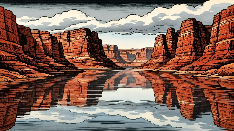 A calm river flowing through a canyon with layered red rock cliffs, reflecting the sky and clouds on its surface.
