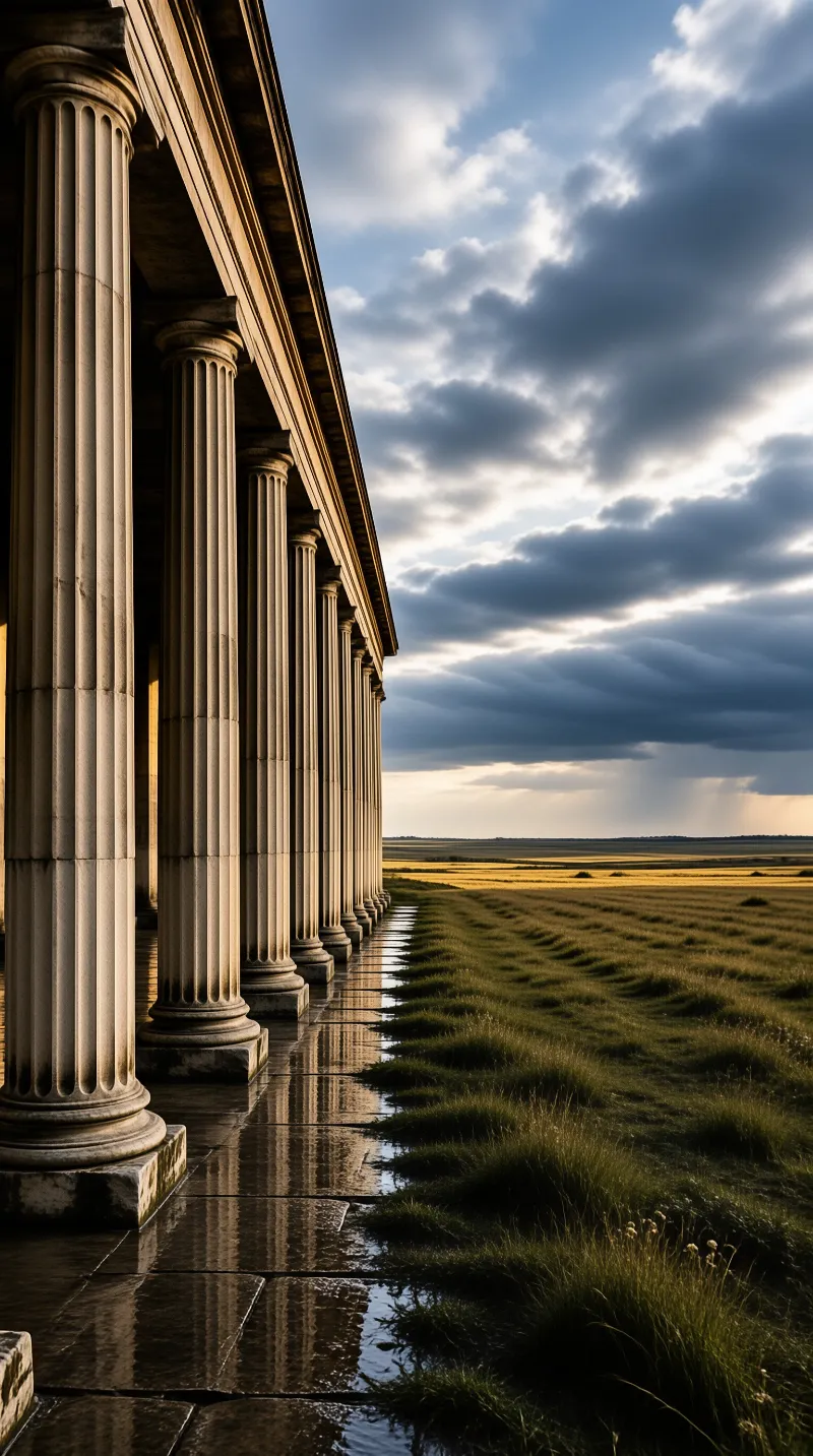 A long row of fluted columns overlooks a rain slicked terrace and a wide meadow under towering evening clouds.