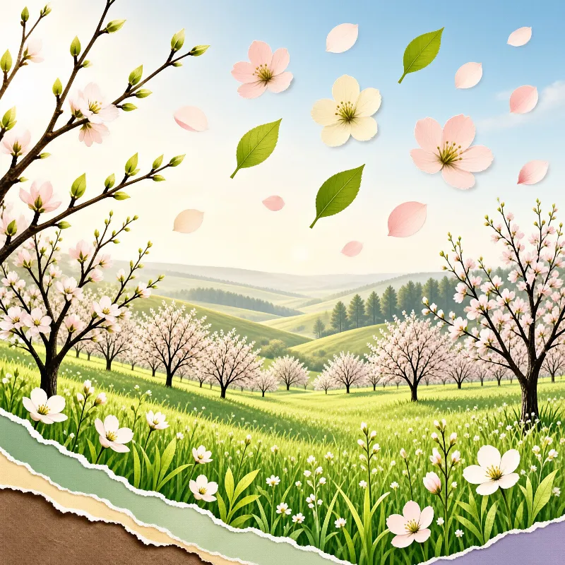 Pink petals drift over a vibrant green valley filled with rows of blooming trees under a clear sky.