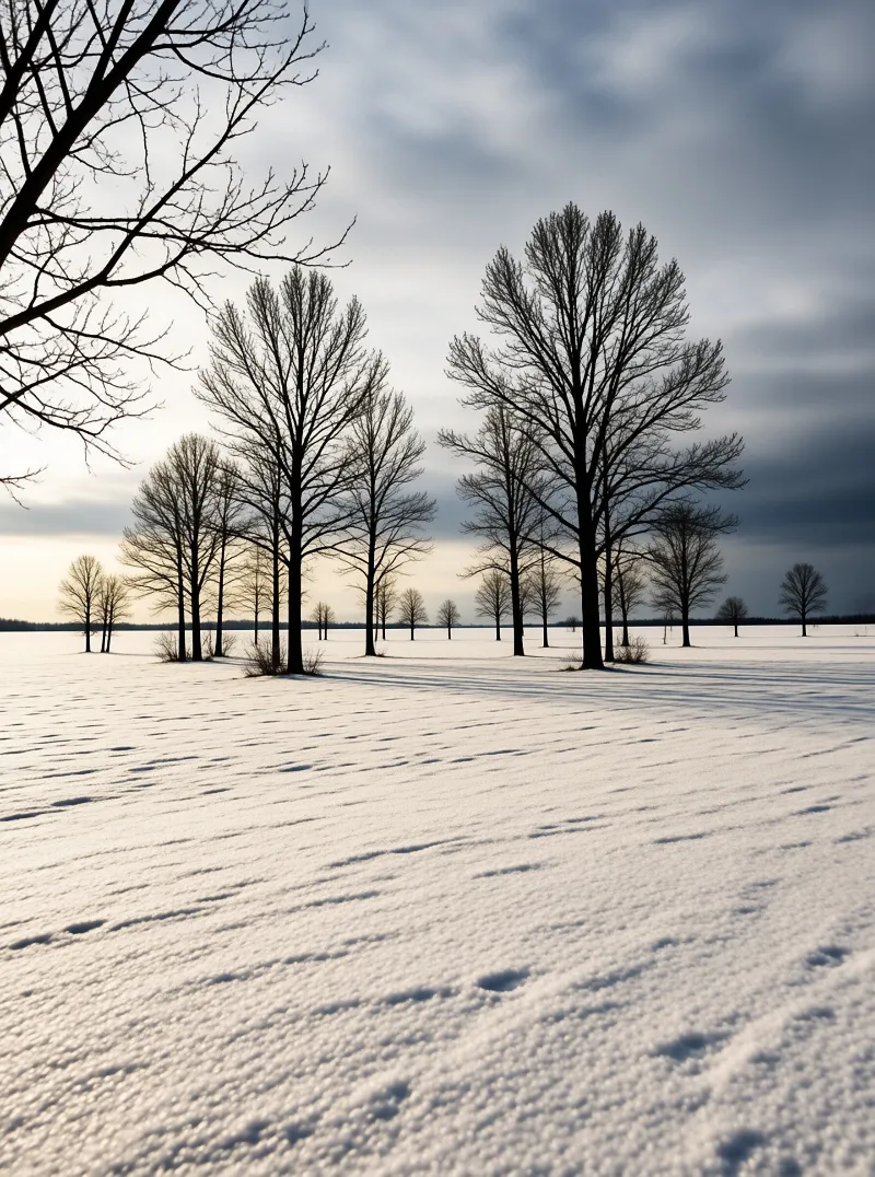 A line of bare trees stands in a wide snowy field casting long shadows under a cloudy sky