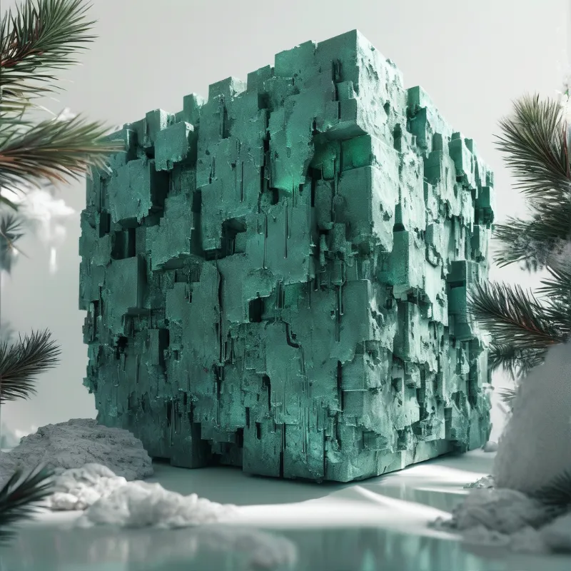 A large teal chunky sculpted cube sits on a snowy ground surrounded by frosted pine branches under soft diffused light.