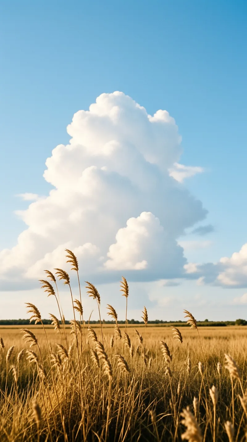 Golden wheat ears grow in a field under a bright blue sky with a large cumulus cloud rising high above.