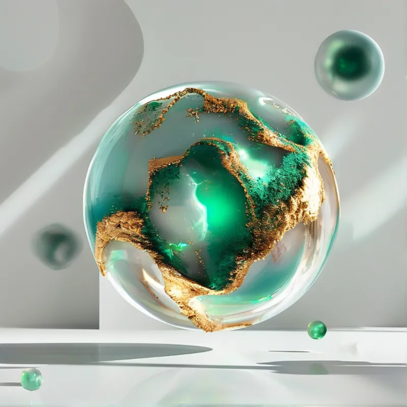 A transparent glass sphere holding green crystal and gold veins floats over a glossy white surface with smaller orbs.