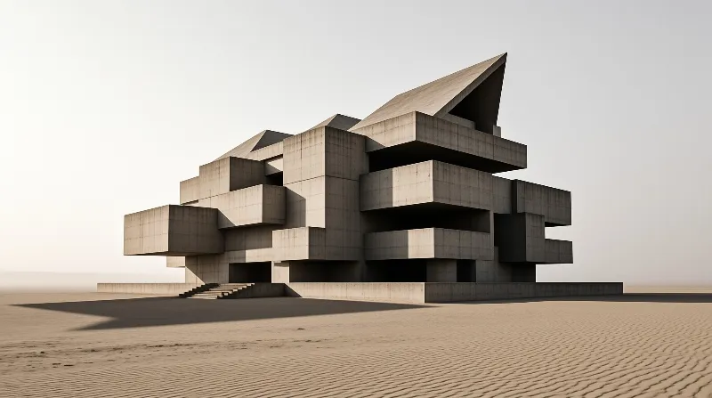 A brutalist building of stacked concrete blocks and cantilevered volumes sits alone on rippled desert sand under a pale sky.
