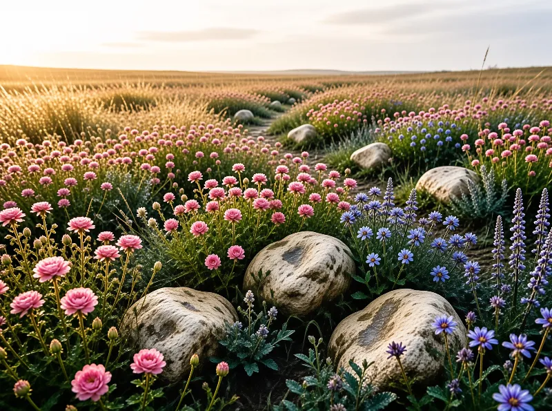 Floral Field with Rocks at Sunset