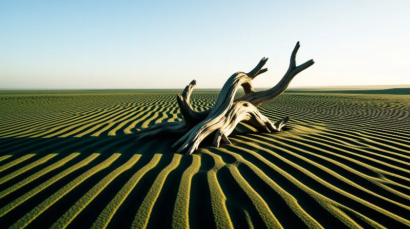 A bleached dead tree stands on a field of rippled dunes bathed in soft golden light.