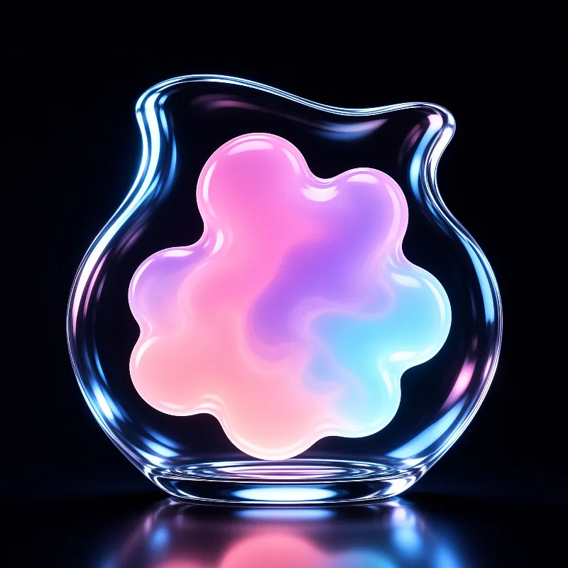 A glowing pastel blob rests inside a clear curved glass sculpture vessel against a dark background.