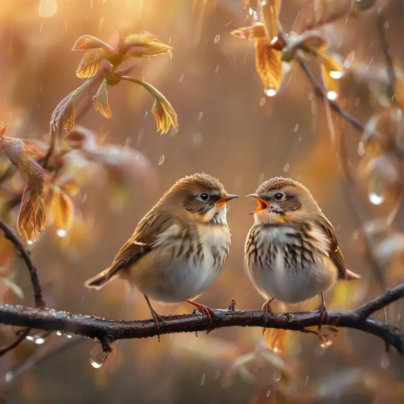A pair of small brown birds perches on a rain-soaked branch while one sings against a blurred orange background.