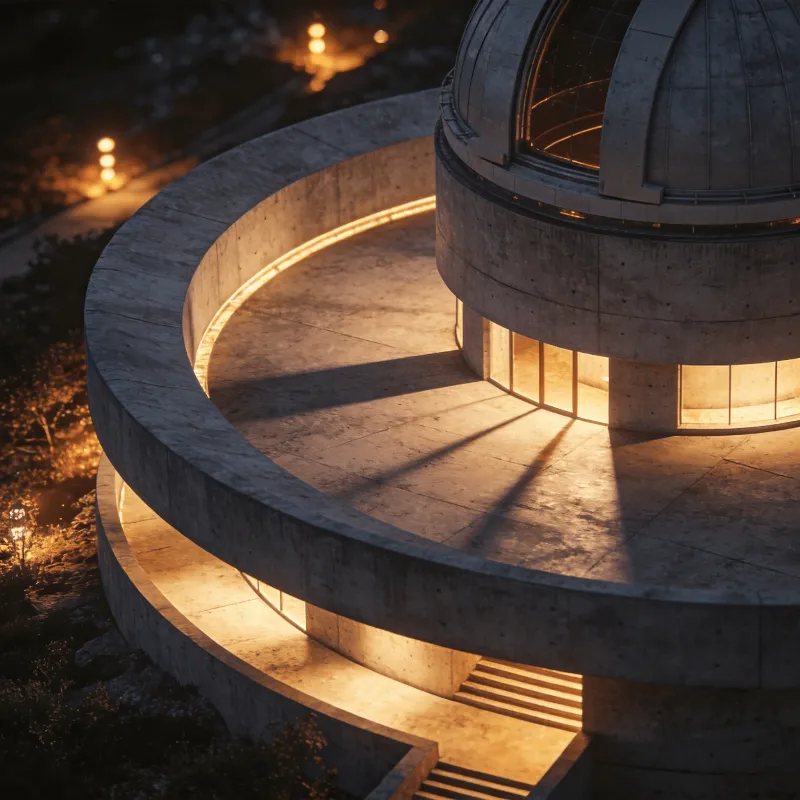 Observatory with Curved Concrete — Night With Warm Lights