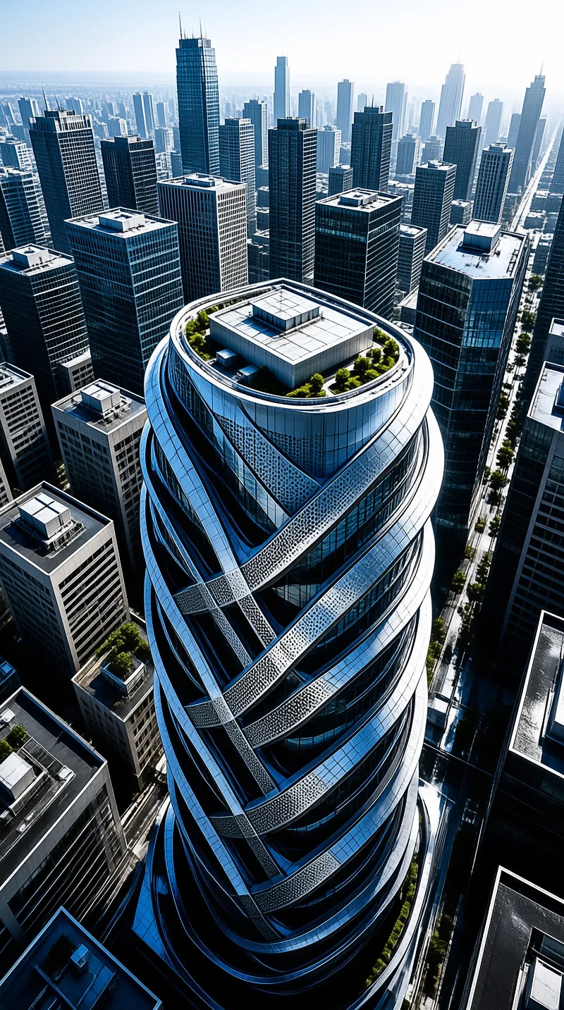 Twisting Glass Tower in a Dense City