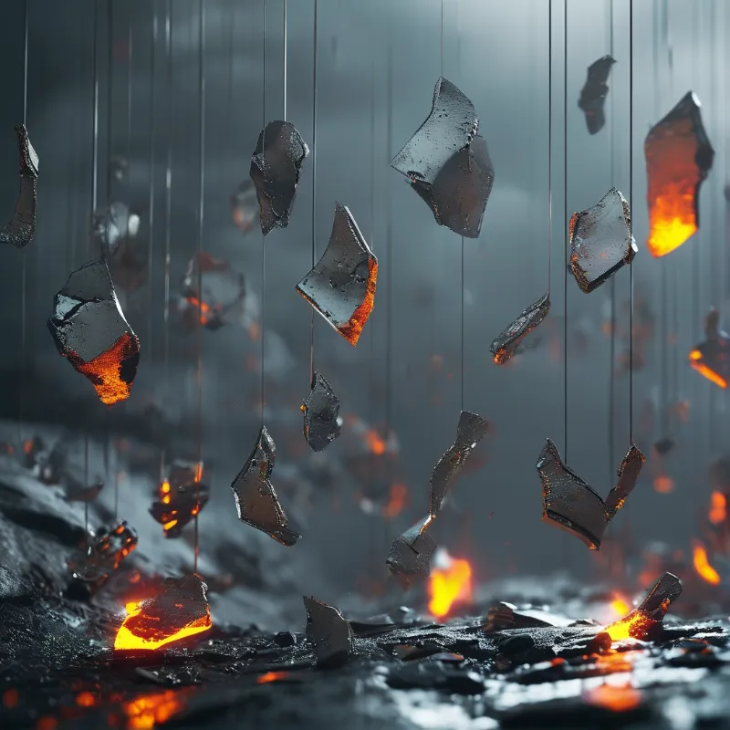 Jagged dark fragments suspended by fine lines above a floor covered in glowing embers and cool smoke.
