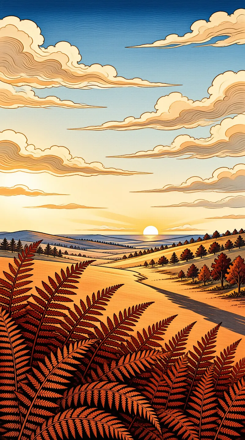 Layered hills and striated clouds in a Japanese print style frame rust-red ferns under a low sun.