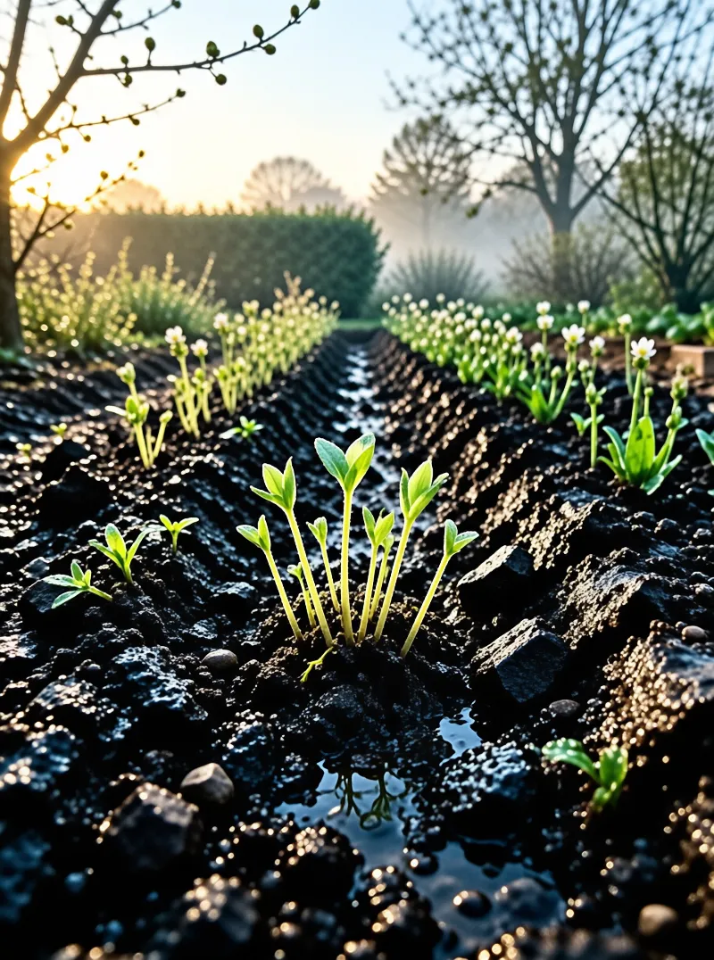 Small green seedlings grow from dark wet soil rows with white flowers and trees bathed in warm golden morning sunlight.