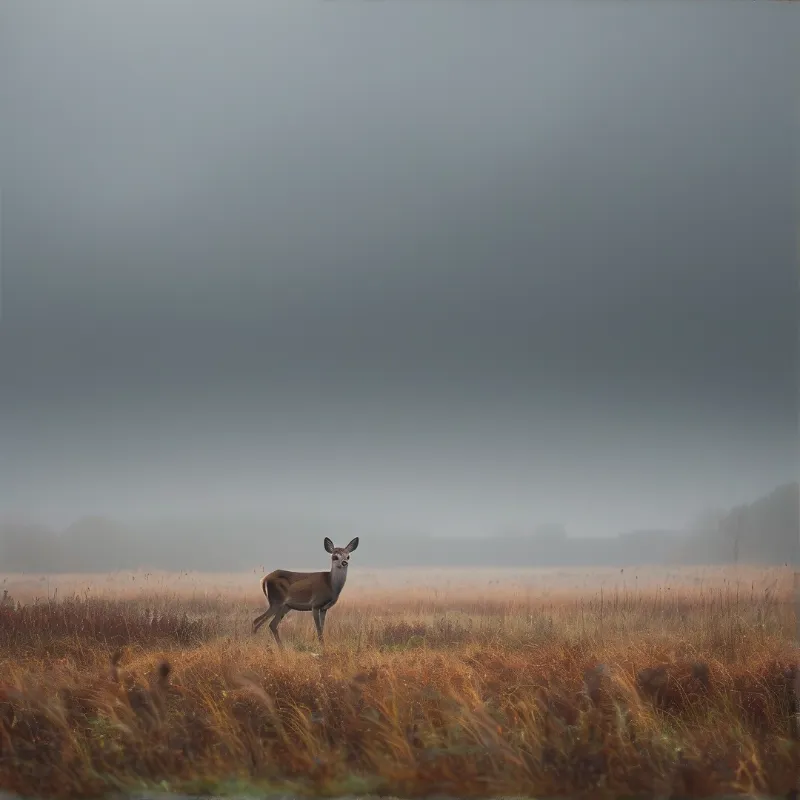 A lone deer stands alert in tall amber grass beneath a heavy gray fog on a quiet morning