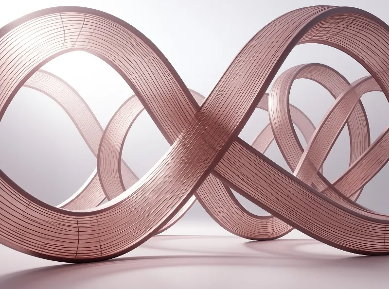 Three ribbed metallic rings intertwine in a geometric formation against a clean white background with soft ambient lighting.