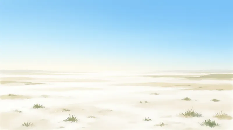 Sparse grass tufts dot a pale windswept flat that fades into haze below an immense blue sky.